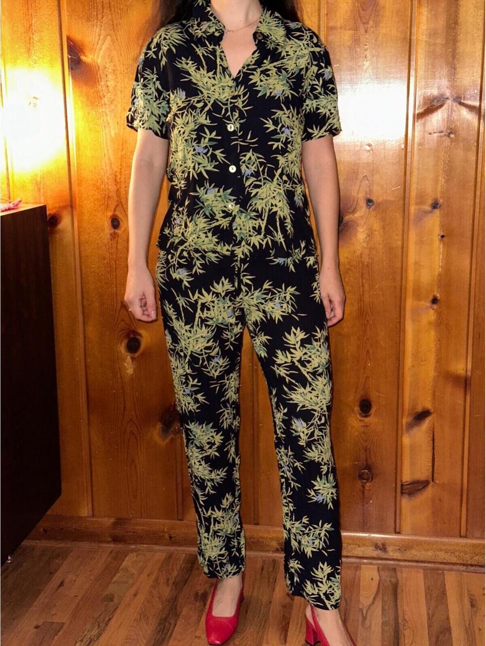 Clio VTG 2 Piece Set Blouse Shirt Pants Rayon Hawaiian Floral Boho Chic 1980s